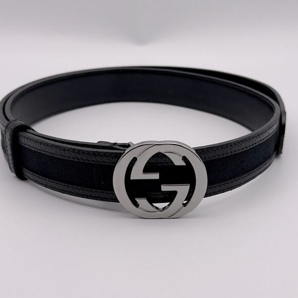 New Gucci GG Canvas Leather Belt Interlocking G Black Size 95/38 Unisex 1.2” - Picture 3 of 11